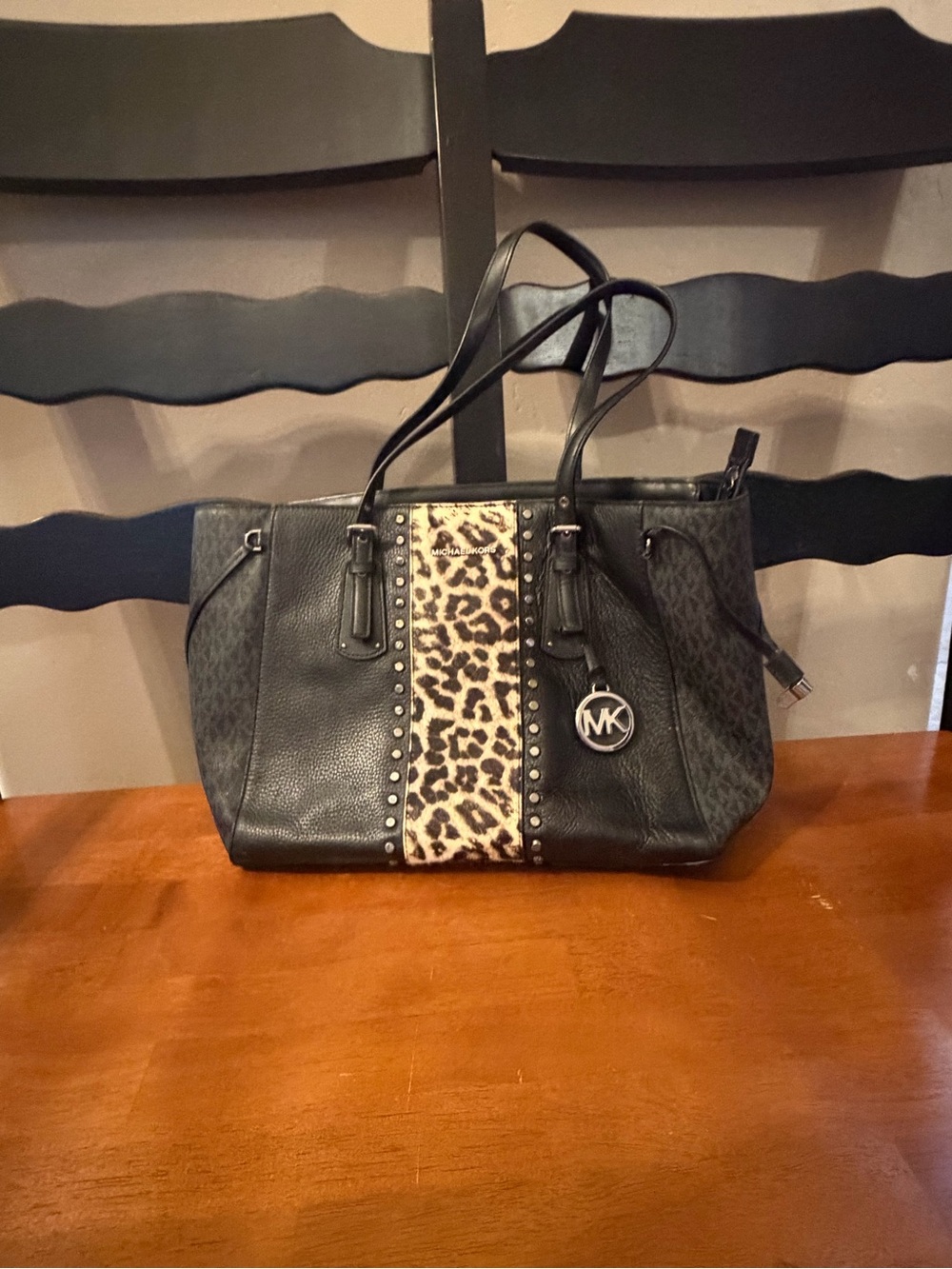 Michael Kors Black Tote with Leopard Stripe and Stud Accents